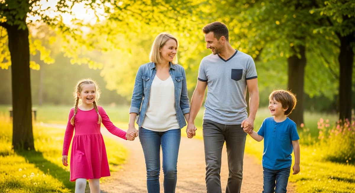 Eine gl\u00fcckliche Familie spaziert durch einen gr\u00fcnen Park
