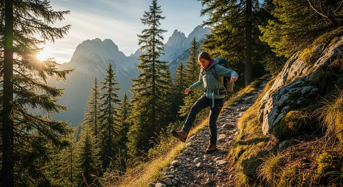 Ein Wanderer rutscht auf einem Bergpfad aus