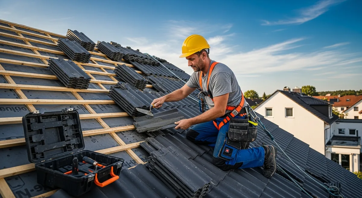 Ein Dachdecker arbeitet auf einem Hausdach