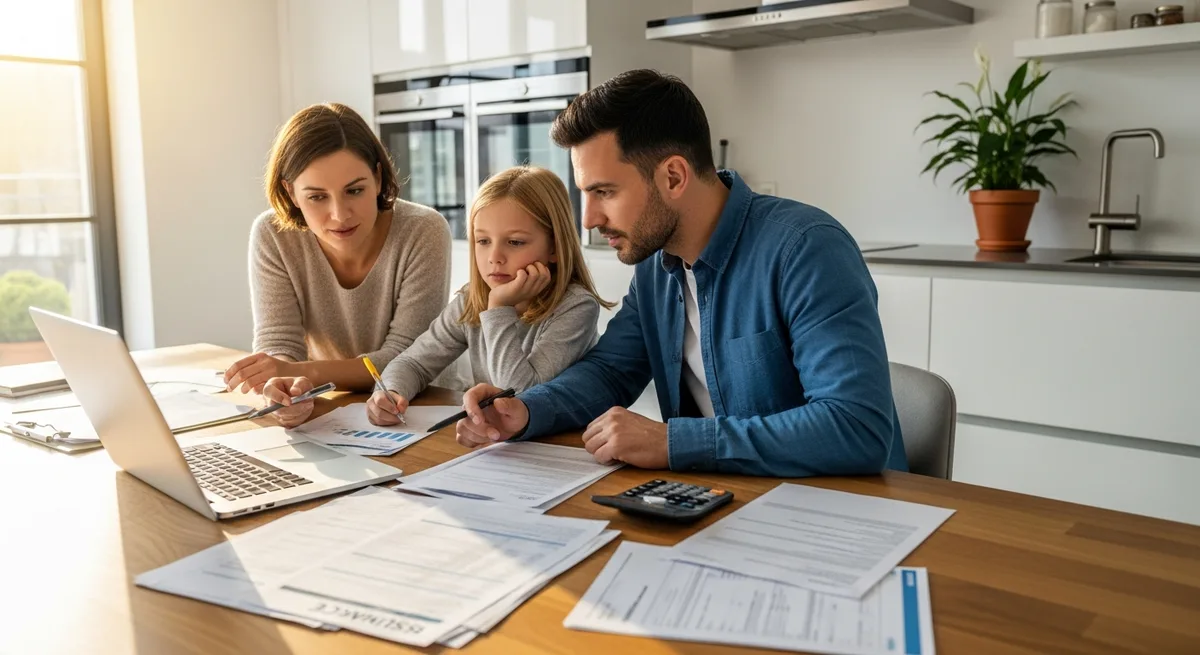 Eine Familie sitzt am K\u00fcchentisch und pr\u00fcft Versicherungsunterlagen