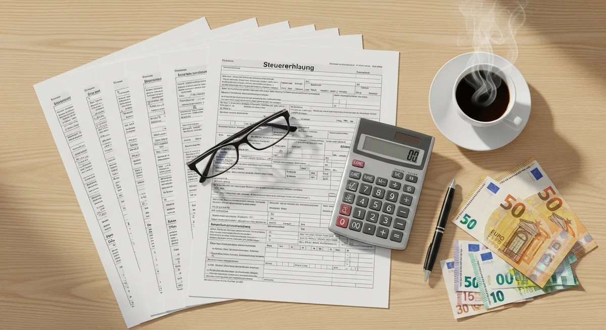 Steuerunterlagen, Taschenrechner und Euroscheine auf einem Schreibtisch